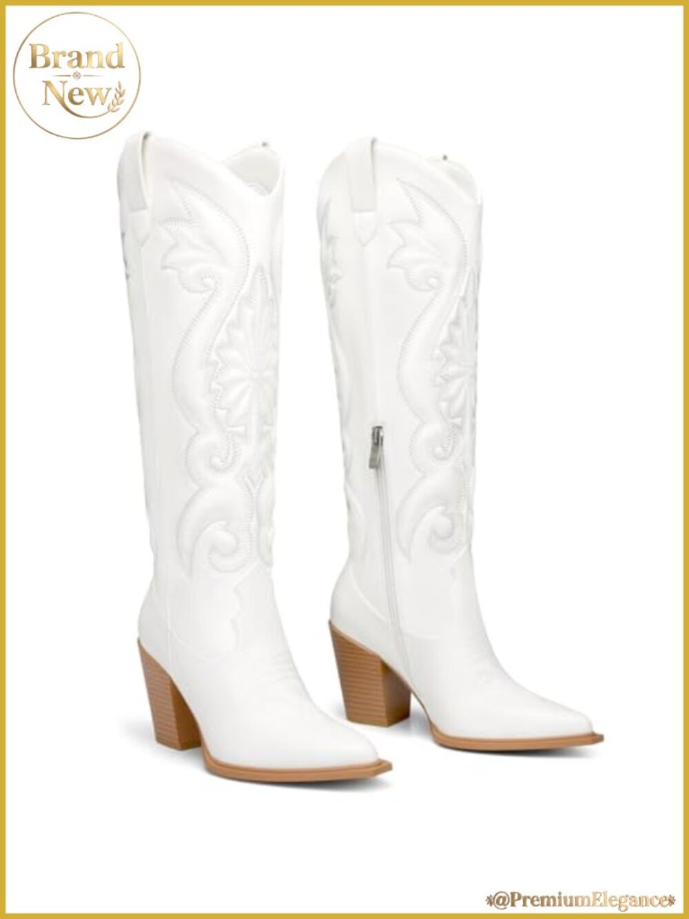 Western Cowboy Boots Knee High Chunky Heel Zip Up Wide Calf